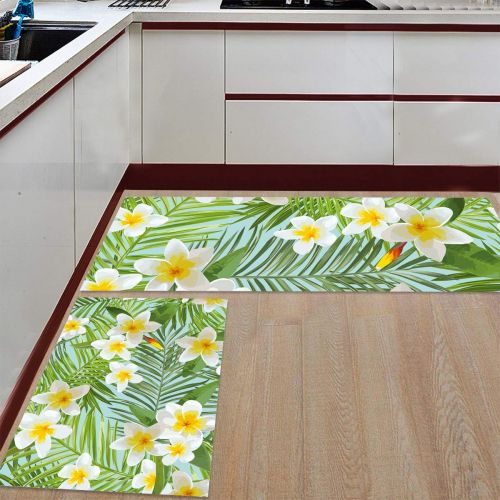  CHARMHOME Kitchen Rugs and Mats Set Tropical Palm Leaf Pattern 2 Piece Floor Carpet Non-Slip Rubber Backing Doormat Runner Rug Set