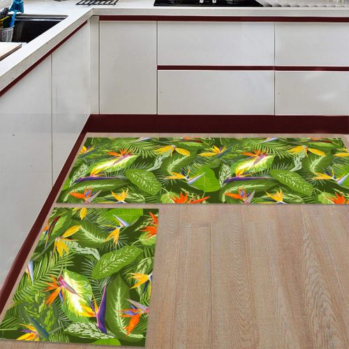  CHARMHOME Kitchen Rugs and Mats Set Tropical Palm Leaves and Colorful Flowers 2 Piece Floor Carpet Non-Slip Rubber Backing Doormat Runner Rug Set