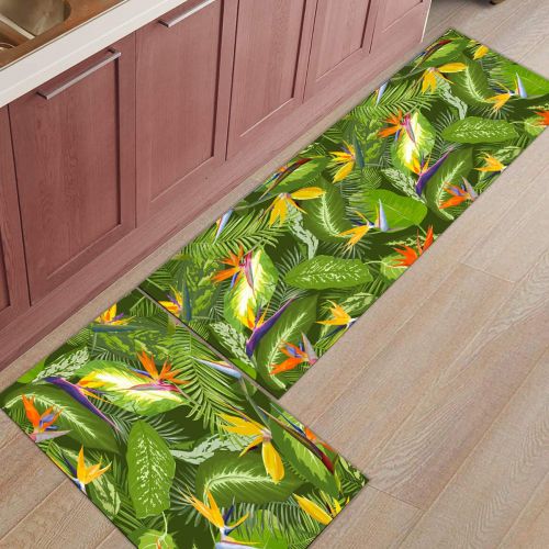 CHARMHOME Kitchen Rugs and Mats Set Tropical Palm Leaves and Colorful Flowers 2 Piece Floor Carpet Non-Slip Rubber Backing Doormat Runner Rug Set