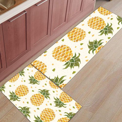  CHARMHOME Kitchen Rugs and Mats Set Watercolor Pineapple Design 2 Piece Floor Carpet Non-Slip Rubber Backing Doormat Runner Rug Set