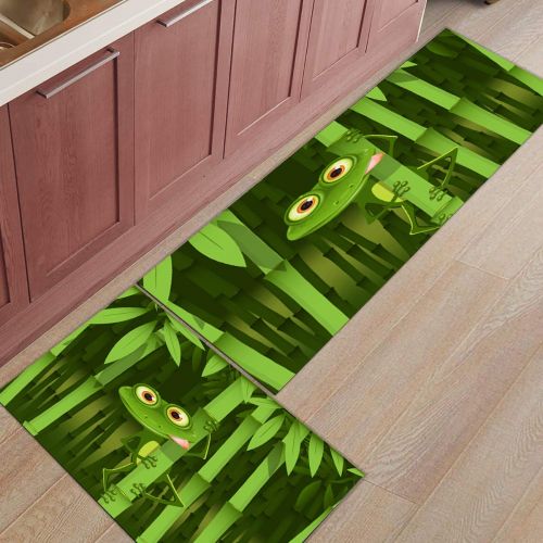  CHARMHOME Kitchen Rugs and Mats Set Funny Frog On Bamboo 2 Piece Floor Carpet Non-Slip Rubber Backing Doormat Runner Rug Set