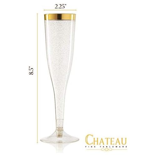  [아마존베스트]CHATEAU FINE TABLEWARE Plastic Champagne Flutes Disposable - Gold Glitter with a Gold Rim - [1 Box of 36 ] 6.5 Oz Premium Toasting Flutes, Elegant Stylish Mimosa Glasses Perfect for Weddings Anniversarie