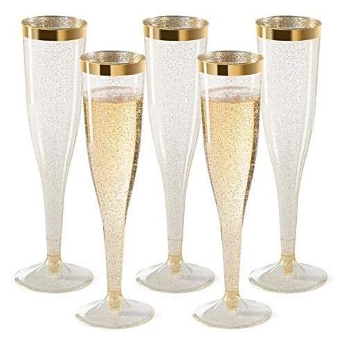  [아마존베스트]CHATEAU FINE TABLEWARE Plastic Champagne Flutes Disposable - Gold Glitter with a Gold Rim - [1 Box of 36 ] 6.5 Oz Premium Toasting Flutes, Elegant Stylish Mimosa Glasses Perfect for Weddings Anniversarie