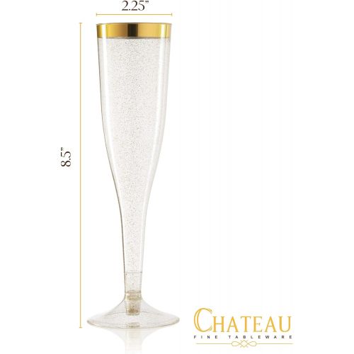  [아마존베스트]CHATEAU FINE TABLEWARE Plastic Champagne Flutes Disposable - Gold Glitter with a Gold Rim - [1 Box of 36 ] 6.5 Oz Premium Toasting Flutes, Elegant Stylish Mimosa Glasses Perfect for Weddings Anniversarie