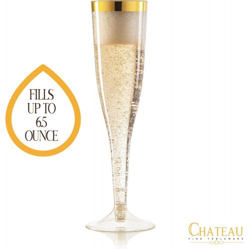  [아마존베스트]CHATEAU FINE TABLEWARE Plastic Champagne Flutes Disposable - Gold Glitter with a Gold Rim - [1 Box of 36 ] 6.5 Oz Premium Toasting Flutes, Elegant Stylish Mimosa Glasses Perfect for Weddings Anniversarie