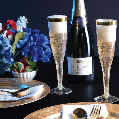  [아마존베스트]CHATEAU FINE TABLEWARE Plastic Champagne Flutes Disposable - Gold Glitter with a Gold Rim - [1 Box of 36 ] 6.5 Oz Premium Toasting Flutes, Elegant Stylish Mimosa Glasses Perfect for Weddings Anniversarie