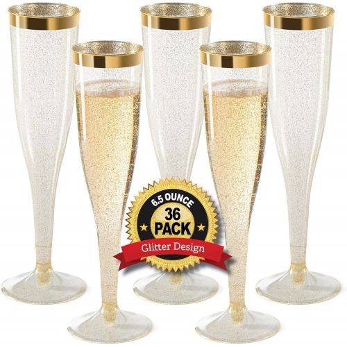  [아마존베스트]CHATEAU FINE TABLEWARE Plastic Champagne Flutes Disposable - Gold Glitter with a Gold Rim - [1 Box of 36 ] 6.5 Oz Premium Toasting Flutes, Elegant Stylish Mimosa Glasses Perfect for Weddings Anniversarie