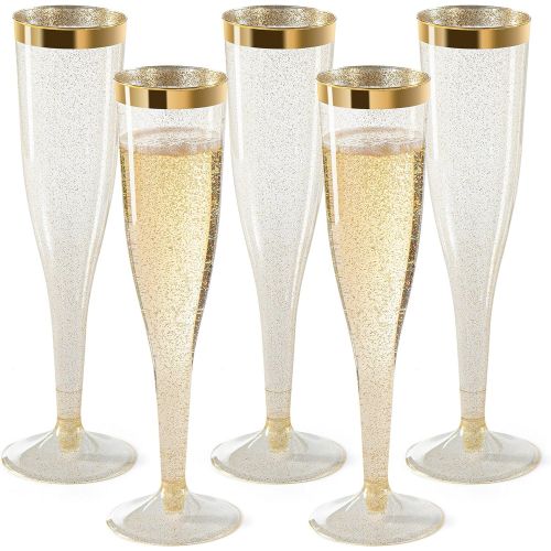  [아마존베스트]CHATEAU FINE TABLEWARE Plastic Champagne Flutes Disposable - Gold Glitter with a Gold Rim - [1 Box of 36 ] 6.5 Oz Premium Toasting Flutes, Elegant Stylish Mimosa Glasses Perfect for Weddings Anniversarie