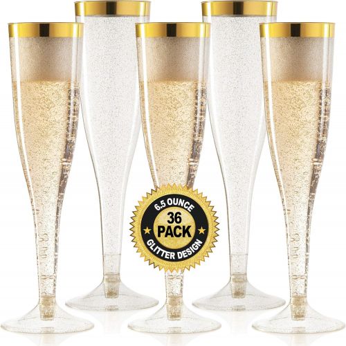  [아마존베스트]CHATEAU FINE TABLEWARE Plastic Champagne Flutes Disposable - Gold Glitter with a Gold Rim - [1 Box of 36 ] 6.5 Oz Premium Toasting Flutes, Elegant Stylish Mimosa Glasses Perfect for Weddings Anniversarie
