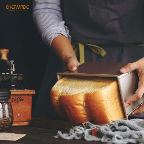  [아마존베스트]CHEFMADE Pullman Loaf Pan with Lid, 0.99Lb Dough Capacity Non-Stick Rectangle Flat Toast Box for Oven Baking 4.2 x 7.7x 4.4(Champagne Gold)
