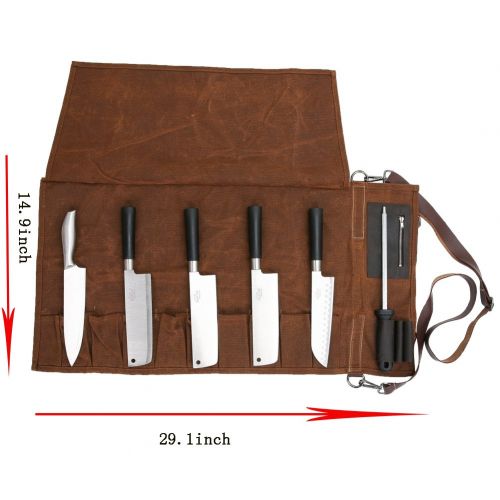  CHENG YI 16 Oz Waxed Canvas Fabric Chef Knife Roll Waterproof Multi Purpose Knife Storage Bag with Portable Handle & Adjustable Shoulder Strap CYDD10