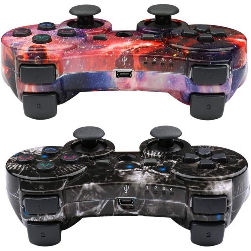  CHENGDAO Wireless Controller 2 Pack Compatible with Playstation 3 with High Performance Double Shock,Motion Control,USB Cable (Skull + Galaxy)