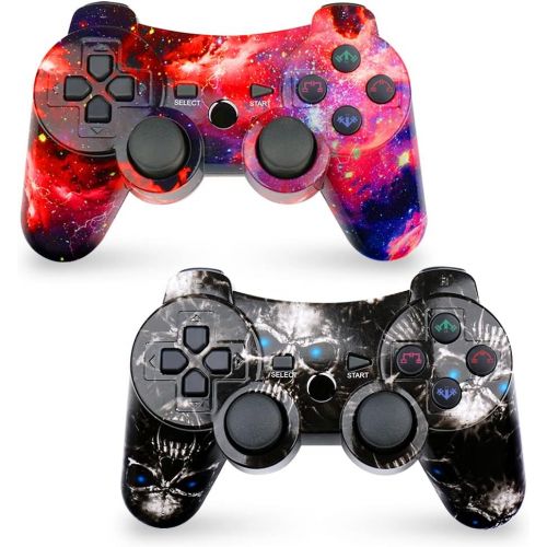  CHENGDAO Wireless Controller 2 Pack Compatible with Playstation 3 with High Performance Double Shock,Motion Control,USB Cable (Skull + Galaxy)