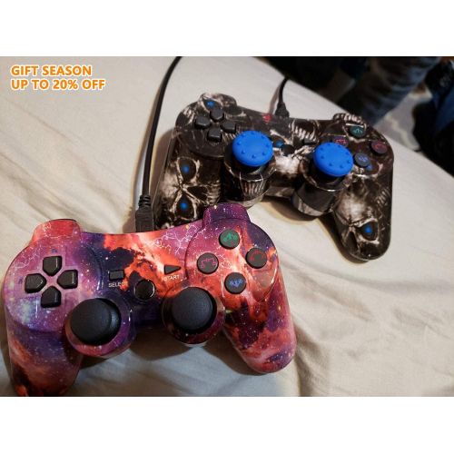  CHENGDAO Wireless Controller 2 Pack Compatible with Playstation 3 with High Performance Double Shock,Motion Control,USB Cable (Skull + Galaxy)