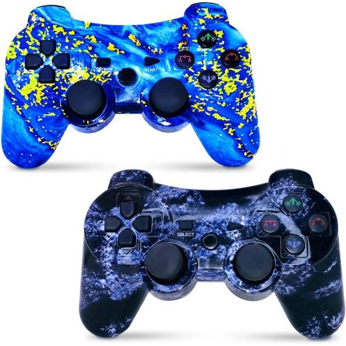  [아마존베스트]CHENGDAO PS3 Controller Wireless 2 Pack Dual Shock Upgraded Gamepad for Sony Playstation 3 with Charging Cord (PS3 Controller 2Pack,Blue + Violet)