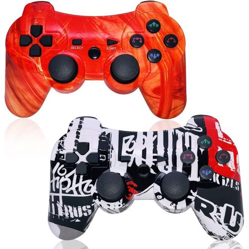  [아마존베스트]CHENGDAO PS3 Controller 2 Pack Wireless 6-axis Dual Shock Gaming Controller for Playstation 3 with Charging Cord (PS3 Controller 2Pack,Graffiti + Red Canyon)