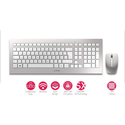  [아마존베스트]CHERRY DW 8000 RF Wireless QWERTZ German Silver, White Keyboard (Standard, Wireless, RF Wireless, QWERTZ, Silver, White, Mouse Included)