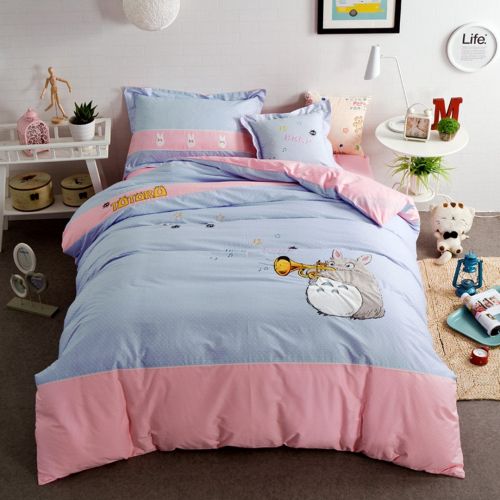  CHERRY CASA 100% Cotton Applique Embroidery Kids Bedding Set My Neighbor Totoro Duvet Cover and Pillow case and Flat Sheet,Girls,Girls,3 Pieces,Twin