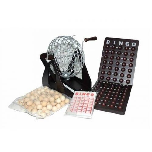  CHH 7.5" Wooden Bingo Game Set Silver Metal Cage Wooden Board And Balls 25 Cards New