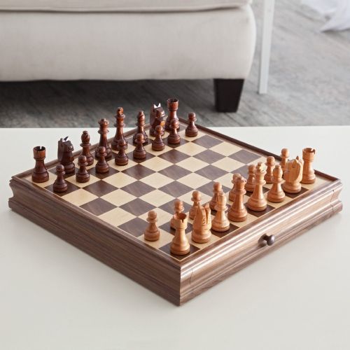  CHH Deluxe Chess & Checker Game Gift Set with Bonus Storage Playing Board, Walnut