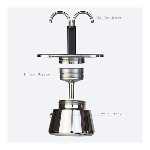  Moka Coffee Pot, Moka Pot, Moka Coffee Maker, 2 Cup 100ML Moka Pot Double Head Stainless Steel Mocha Coffee Pot Italian DIY Conduit Coffee Maker