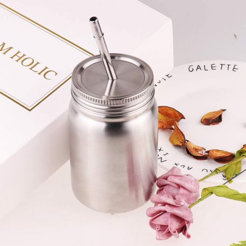  [아마존베스트]CHICTRY Stainless Steel Mason Jar with Lid and Straw Unbreakable Dishwasher Safe Drinking Tumbler Cup for Kids Adult Silver Double-Wall 500ml