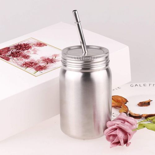  [아마존베스트]CHICTRY Stainless Steel Mason Jar with Lid and Straw Unbreakable Dishwasher Safe Drinking Tumbler Cup for Kids Adult Silver Double-Wall 500ml