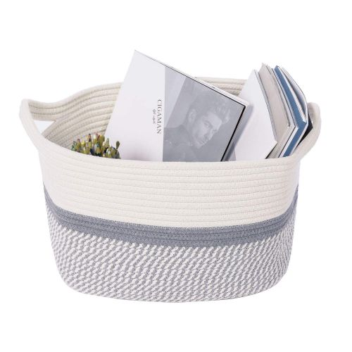 CHICVITA Square Cotton Rope Woven Basket with Handles for Books, Magazines, Toys - Decorative Rectangle Basket for Baby Nursery, Living Room, Bathroom 13.5 x 11 x 9.5