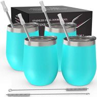 [아마존 핫딜] [아마존핫딜]CHILLOUT LIFE Stainless Steel Stemless Wine Glass Tumbler 4 Pack 12 oz | Double Wall Vacuum Insulated Wine Tumbler with Lids and Straws Set of Four for Coffee, Wine, Cocktails, Ice Cream | Powde