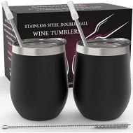 [아마존 핫딜] [아마존핫딜]CHILLOUT LIFE Stainless Steel Stemless Wine Glass Tumbler 2 Pack 12 oz | Double Wall Vacuum Insulated Wine Tumbler with Lids and Straws Set of Two for Coffee, Wine, Cocktails, Ice Cream | Powder