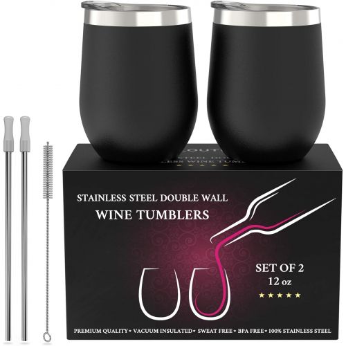  [아마존 핫딜] [아마존핫딜]CHILLOUT LIFE Stainless Steel Stemless Wine Glass Tumbler 2 Pack 12 oz | Double Wall Vacuum Insulated Wine Tumbler with Lids and Straws Set of Two for Coffee, Wine, Cocktails, Ice Cream | Powder