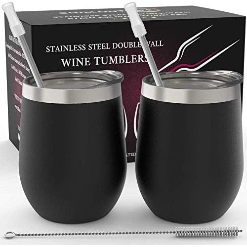  [아마존베스트]CHILLOUT LIFE Stainless Steel Wine Tumblers 2 Pack 12 oz - Double Wall Vacuum Insulated Wine Cups with Lids and Straws Set for Coffee, Wine, Cocktails (Black)