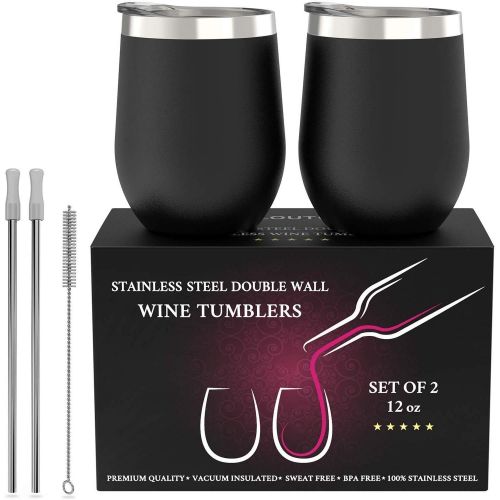  [아마존베스트]CHILLOUT LIFE Stainless Steel Wine Tumblers 2 Pack 12 oz - Double Wall Vacuum Insulated Wine Cups with Lids and Straws Set for Coffee, Wine, Cocktails (Black)