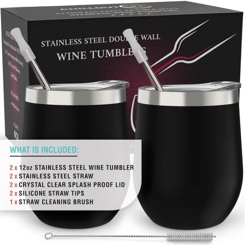  [아마존베스트]CHILLOUT LIFE Stainless Steel Wine Tumblers 2 Pack 12 oz - Double Wall Vacuum Insulated Wine Cups with Lids and Straws Set for Coffee, Wine, Cocktails (Black)