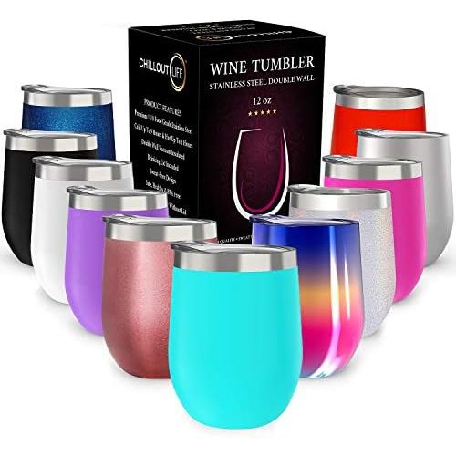  [아마존베스트]CHILLOUT LIFE 12 oz Stainless Steel Tumbler with Lid & Gift Box - Wine Tumbler Double Wall Vacuum Insulated Travel Tumbler Cup for Coffee, Wine, Cocktails, Ice Cream - Sweat Free,