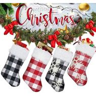 CHIN FAI 18 Buffalo Plaid Christmas Stockings 4 Pack with Faux Fur Cuff Fireplace Hanging Stockings for Family Holiday Xmas Party (Black White, Red White)