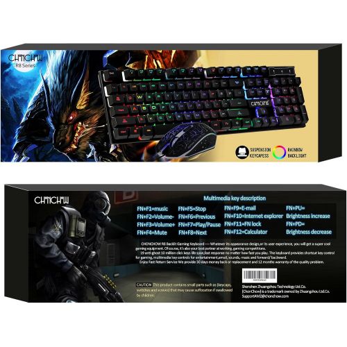  CHONCHOW Gaming LED Wired Keyboard and Mouse Combo with Emitting Character 4800DPI 2 Side Button USB Mouse Rainbow Backlit Mechanical Feeling Compatible with PC Raspberry Pi Mac Xbox one ps