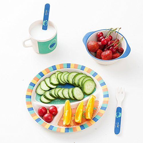  CHOOLD Cute Cartoon Whale Dinnerware Set Divided Plates Feeding Tray Eco-Friendly Bamboo Dinner Set for Infants Toddlers 5pcs