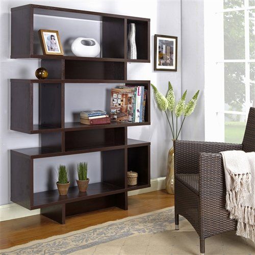  CHOOSEandBUY Modern 63-inch high Bookcase Geometric Display Shelf in Espresso Wood Finish Bookcase Storage Shelf Bookshelf Wood