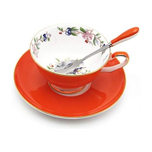  [아마존베스트]CHP 3 Piece Bone China Cup and Saucer Set with Spoon Vintage Porcelain Coffee Cup Set, Floral Tea Cup Set with Gold Trim and Gift Box, 7.1oz.