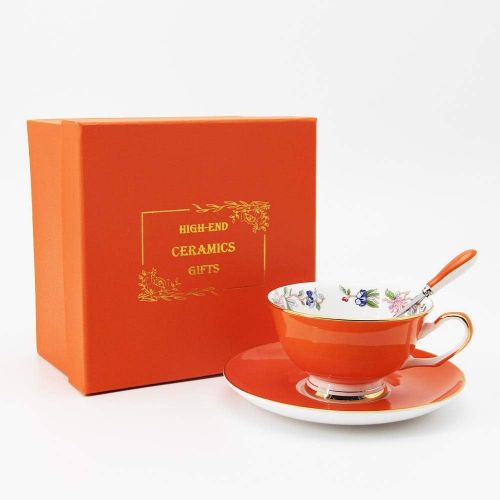  [아마존베스트]CHP 3 Piece Bone China Cup and Saucer Set with Spoon Vintage Porcelain Coffee Cup Set, Floral Tea Cup Set with Gold Trim and Gift Box, 7.1oz.