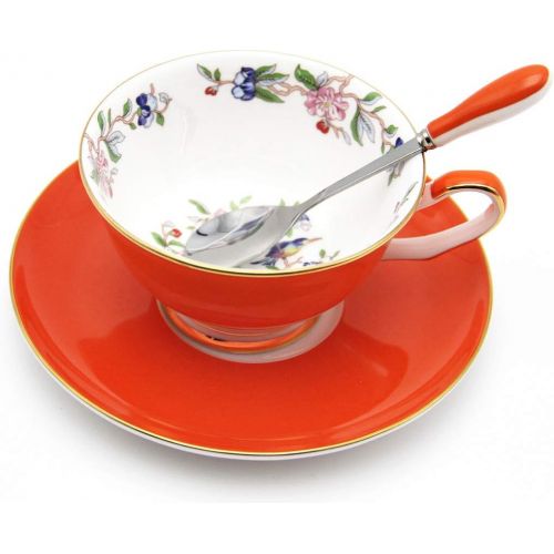  [아마존베스트]CHP 3 Piece Bone China Cup and Saucer Set with Spoon Vintage Porcelain Coffee Cup Set, Floral Tea Cup Set with Gold Trim and Gift Box, 7.1oz.