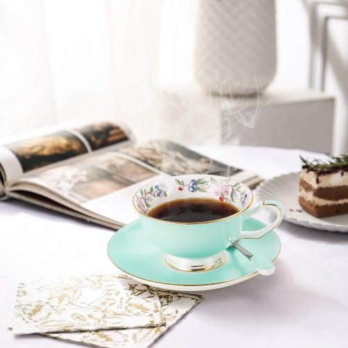  [아마존베스트]CHP 3 Piece Bone China Cup and Saucer Set with Spoon Vintage Porcelain Coffee Cup Set, Floral Tea Cup Set with Gold Trim and Gift Box, 7.1oz.