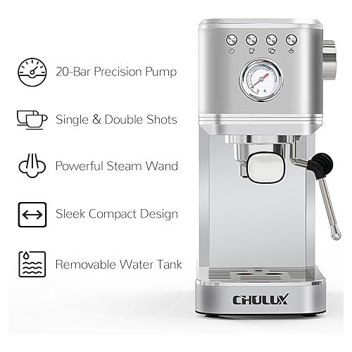  CHULUX Kompatto Espresso Machine 20 Bar with Milk Frother, Stainless Steel Automatic Espresso Coffee Machine for Home Latte & Cappuccino Maker, 40oz Removable Water Tank, 1350W