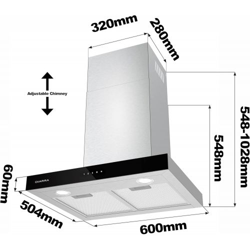  [아마존베스트]Ciarra Cooker Hood 60 cm 550 m³/h Touch Control Chimney Stainless Steel Kitchen Cooker Hood [Energy Class C], 60 cm, Silver