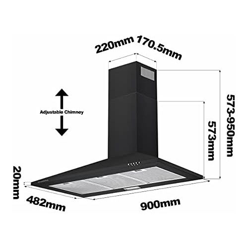  [아마존베스트]CIARRA CBCB9201 Headless Cooker Hood 90 cm Wide, Wall Hood, 380 m³/h, 63 dB(A), Exhaust and Recirculation, 3 Power Levels, Compatible CBCF002X2 Filter, Black