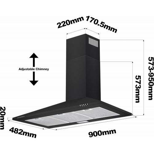  [아마존베스트]CIARRA CBCB9201 Headless Cooker Hood 90 cm Wide, Wall Hood, 380 m³/h, 63 dB(A), Exhaust and Recirculation, 3 Power Levels, Compatible CBCF002X2 Filter, Black