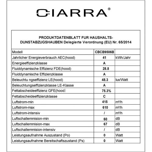  [아마존베스트]Ciarra (CBCF004) Cooker Hood 90 cm / 550 m3 / h / 3 Output Levels / Glass Stainless Steel Base Cover (Extract/Recirculation Air) / Silver [Energy Class C], 90cm