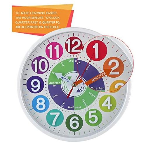  [아마존베스트]CIGERA 12 Inch Educational Wall Clock for Kids with Silent Movement and 3D Numerals,Great Learning Clock for Kids,Nice Wall Decor for Classroom, Playroom and Kids Bedroom (White)