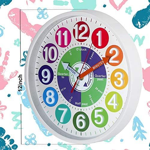  [아마존베스트]CIGERA 12 Inch Educational Wall Clock for Kids with Silent Movement and 3D Numerals,Great Learning Clock for Kids,Nice Wall Decor for Classroom, Playroom and Kids Bedroom (White)